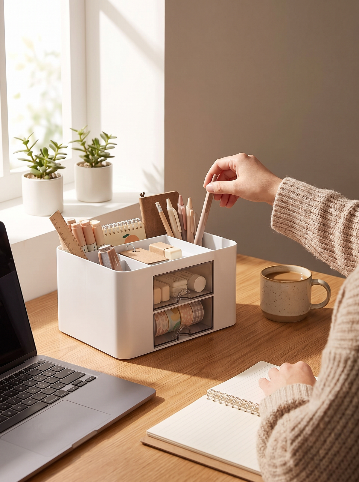 Desk Organizer - Pen Holder with 2 Drawers - Upright Storage That Stays Organized