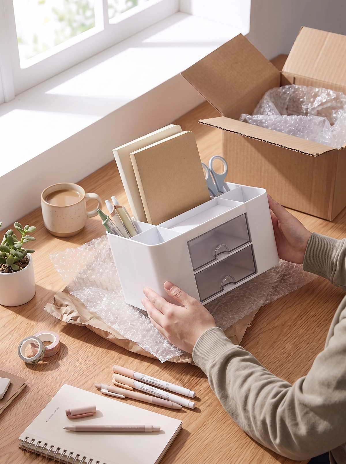Desk Organizer - Pen Holder with 2 Drawers - No Assembly, No Hassle