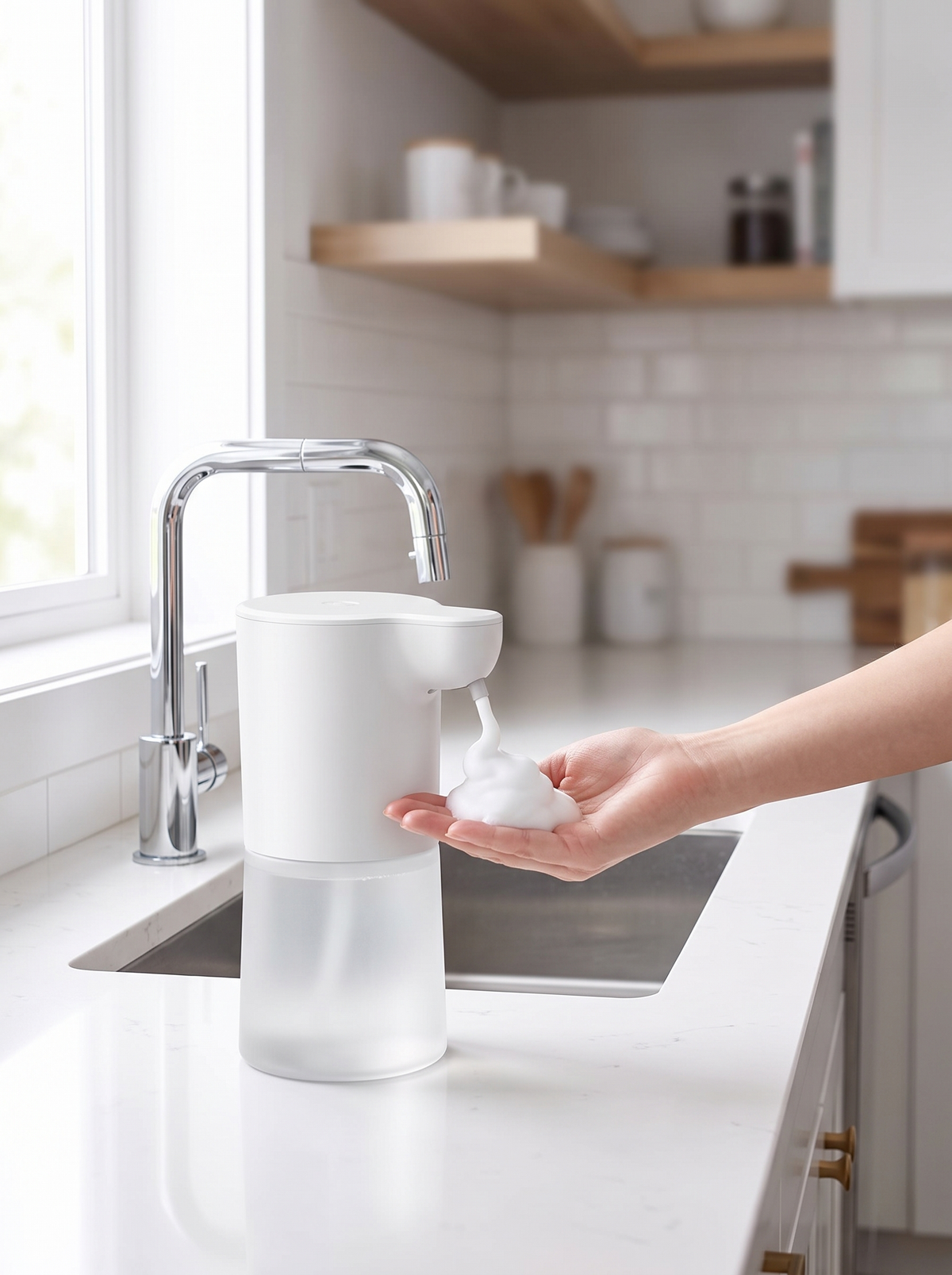 Touchless soap dispenser on a kitchen counter releasing foam into a cupped hand