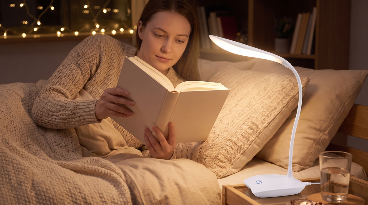 Woman reading in bed with the LED desk lamp lighting the pages of her book
