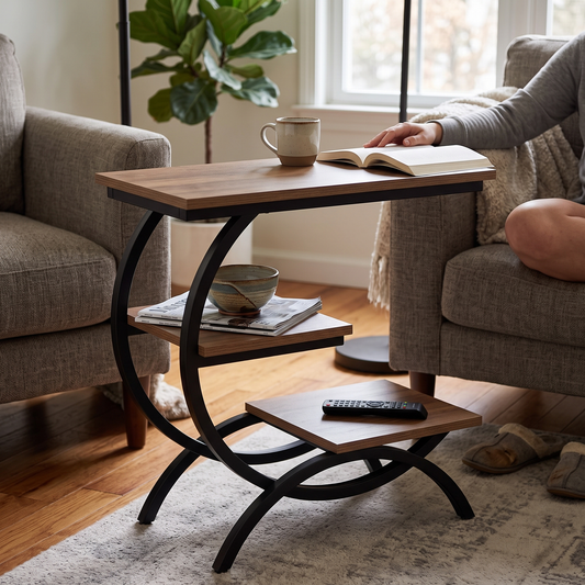 C-Shaped End Table - 3-Tier Side Table (Chocolate) in use
