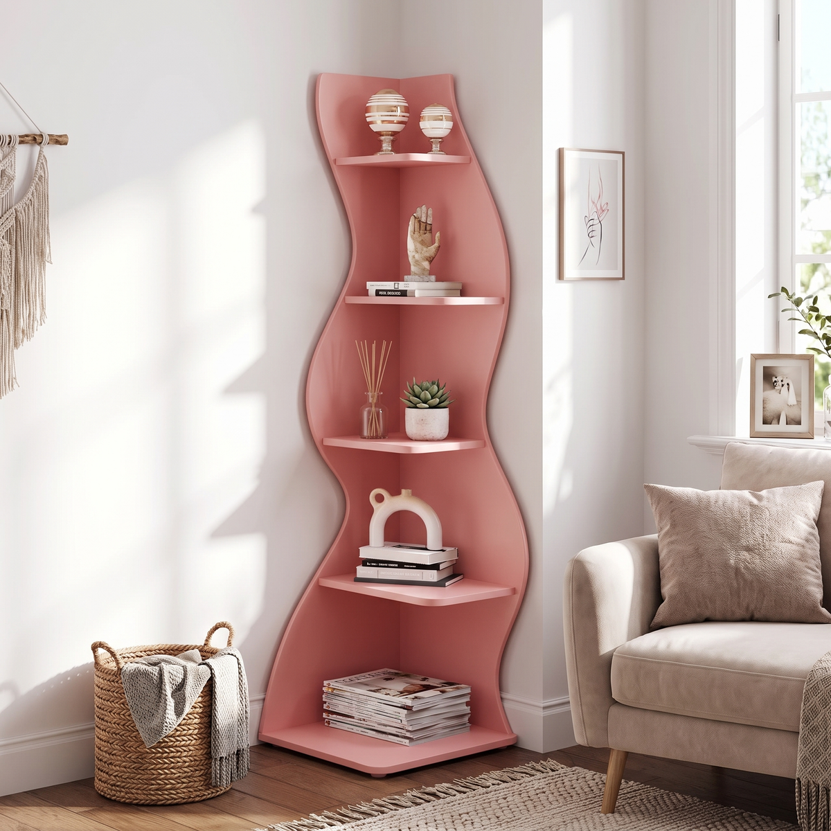 Pink Corner Shelf - 5-Tier Nursery Bookshelf in use