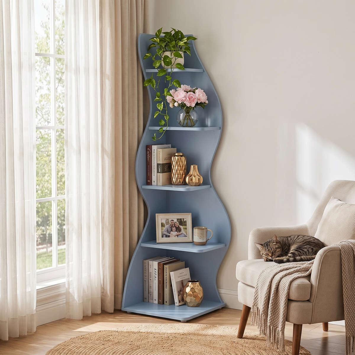 Wave Corner Shelf - 5-Tier Kids Room Bookshelf in use