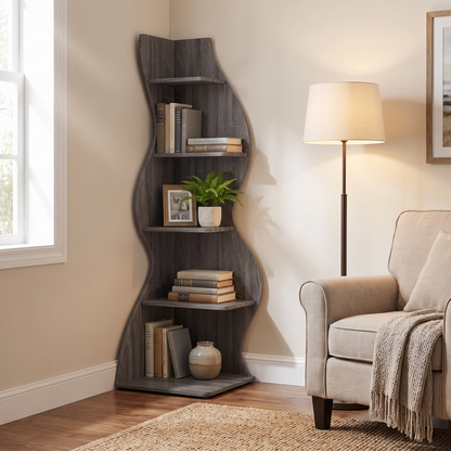 Grey Corner Shelf - Modern 5-Tier Bedroom Bookshelf in use