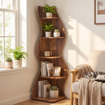 Rustic Corner Shelf - Farmhouse 5-Tier Bookshelf in use