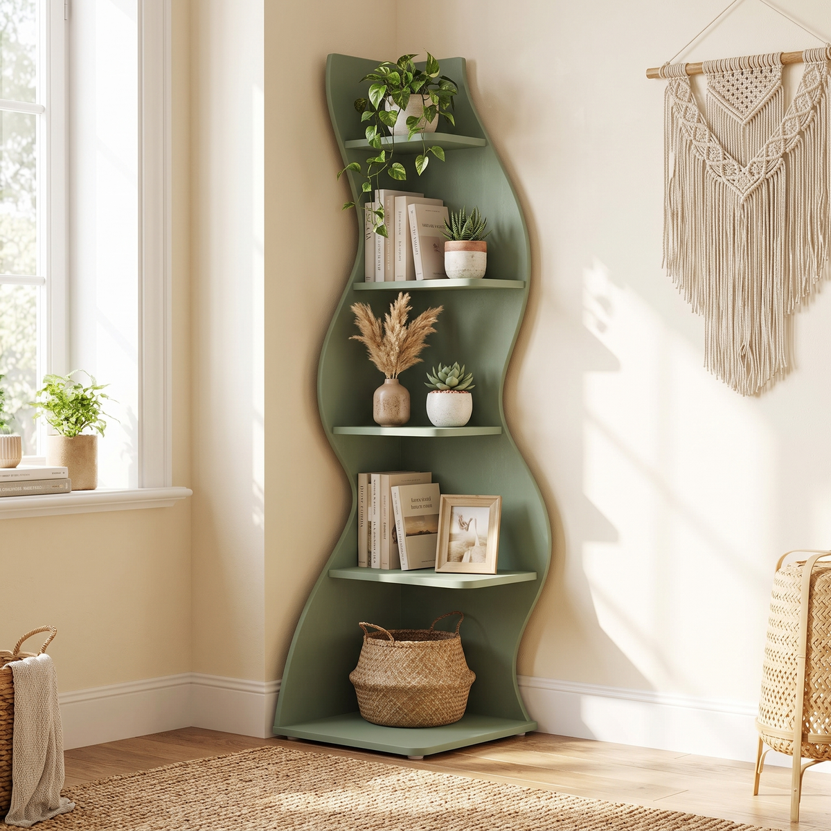 Green Corner Plant Shelf - Boho 5-Tier Bookshelf in use