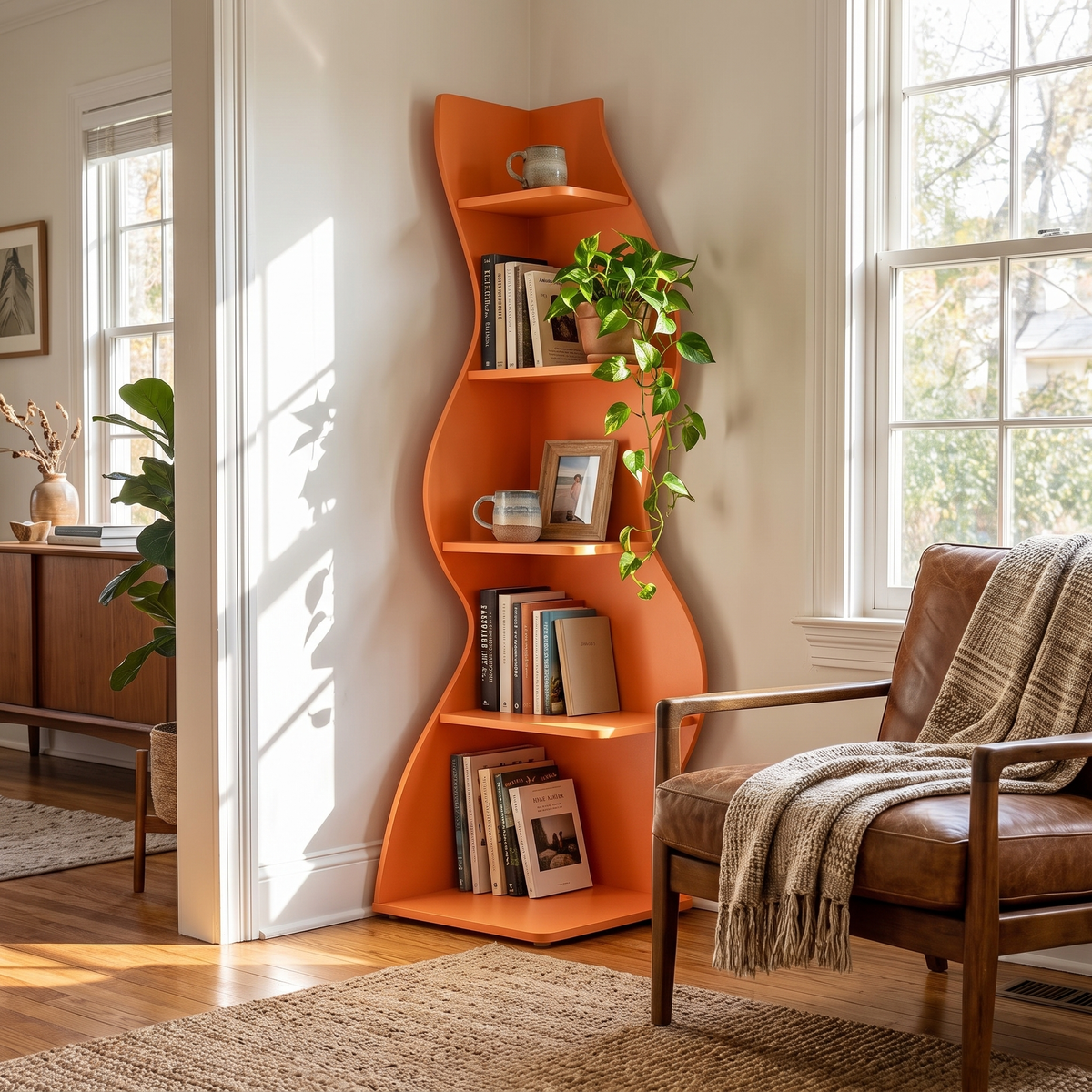 Orange Corner Shelf - Retro 5-Tier Playroom Shelf in use