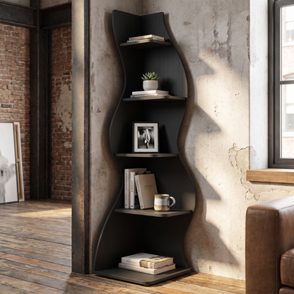 Black Corner Shelf - Industrial 5-Tier Bookcase styled in a loft living room corner