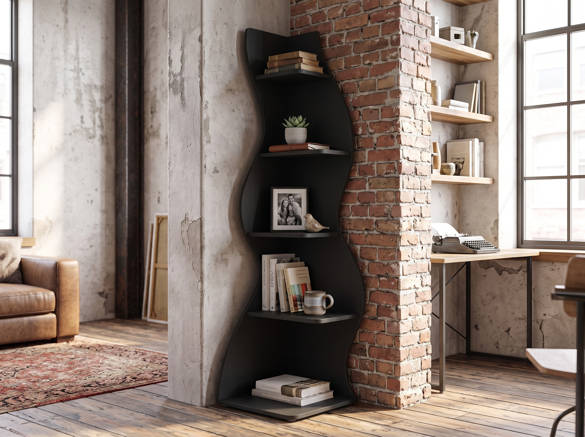 Black corner shelf using vertical space in a loft home office corner