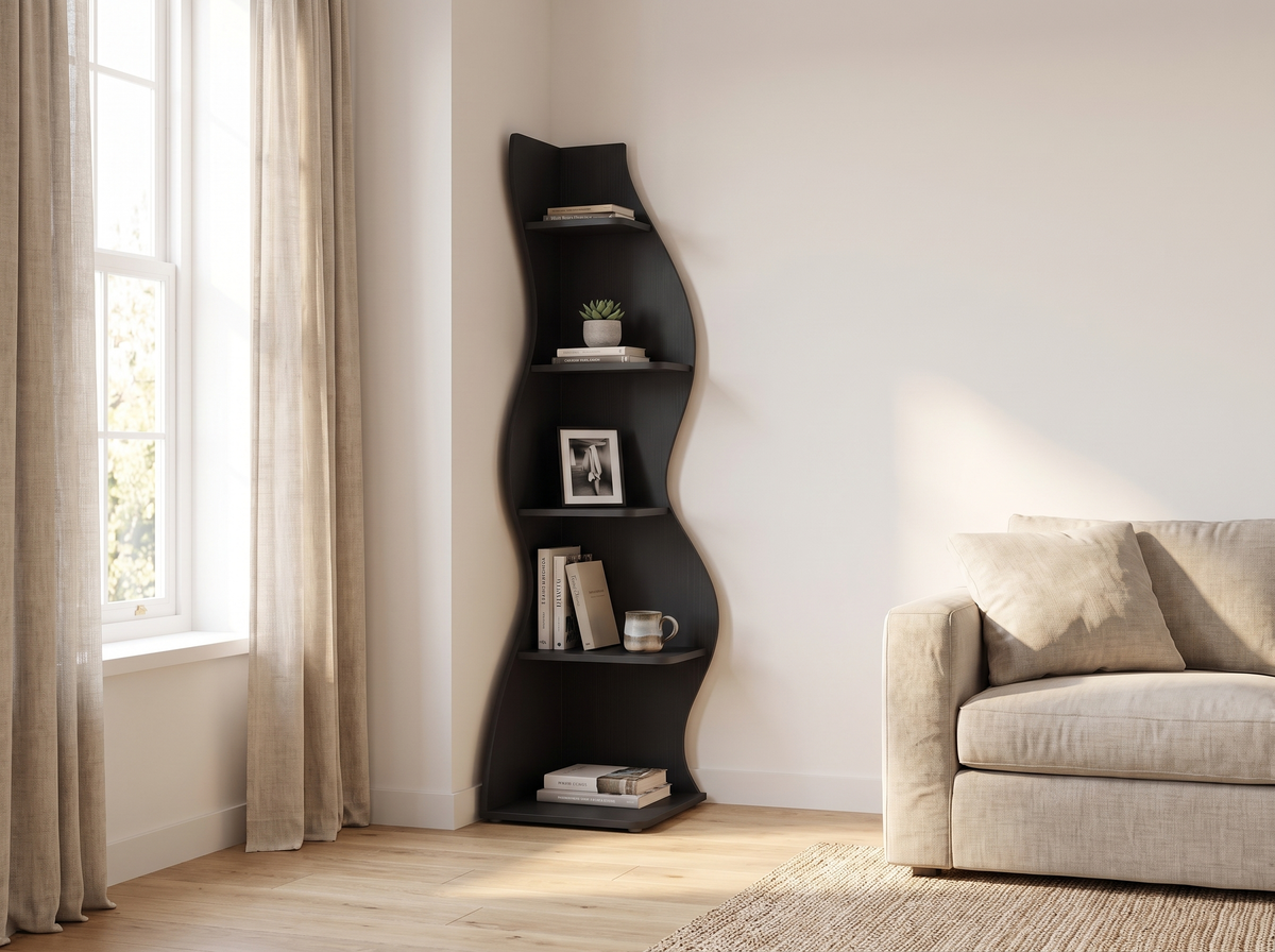 Matte black five tier corner shelf anchoring a bright modern living room