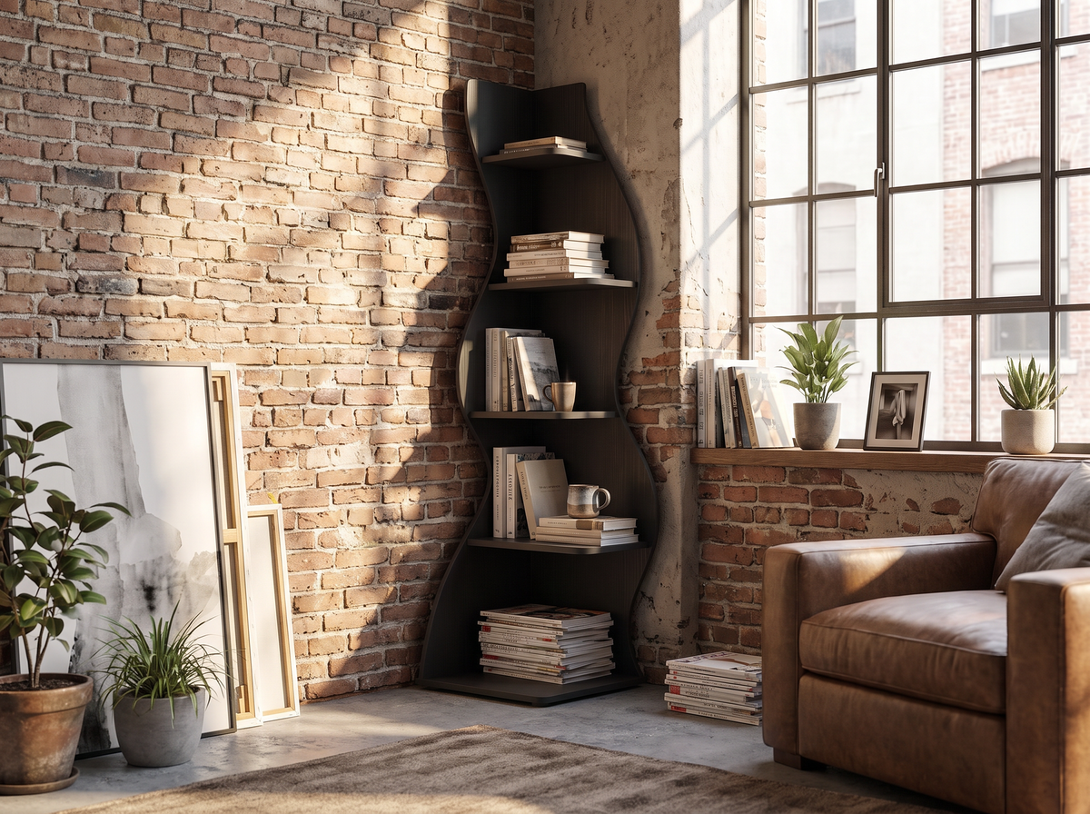 Assembled black corner bookcase holding books and magazines in a loft corner