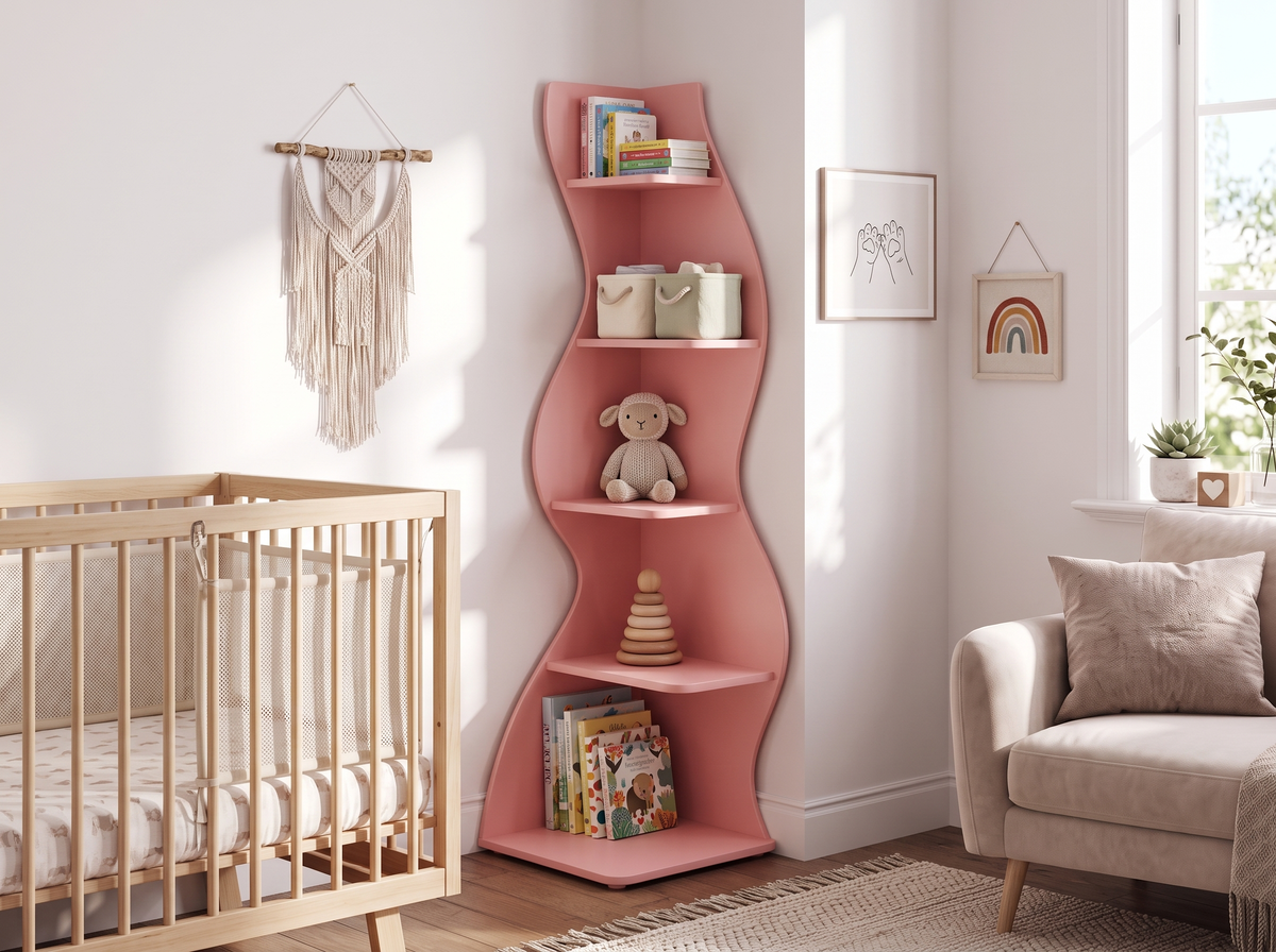 Pink five tier corner shelf tucked into a nursery corner