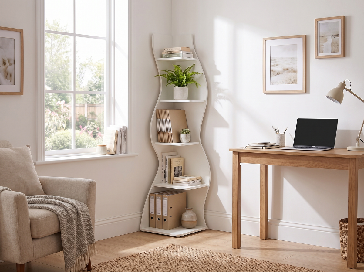 White corner shelf adding storage beside a home office desk
