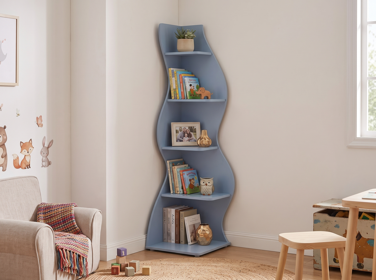 Blue wave corner shelf filling an unused kids bedroom corner