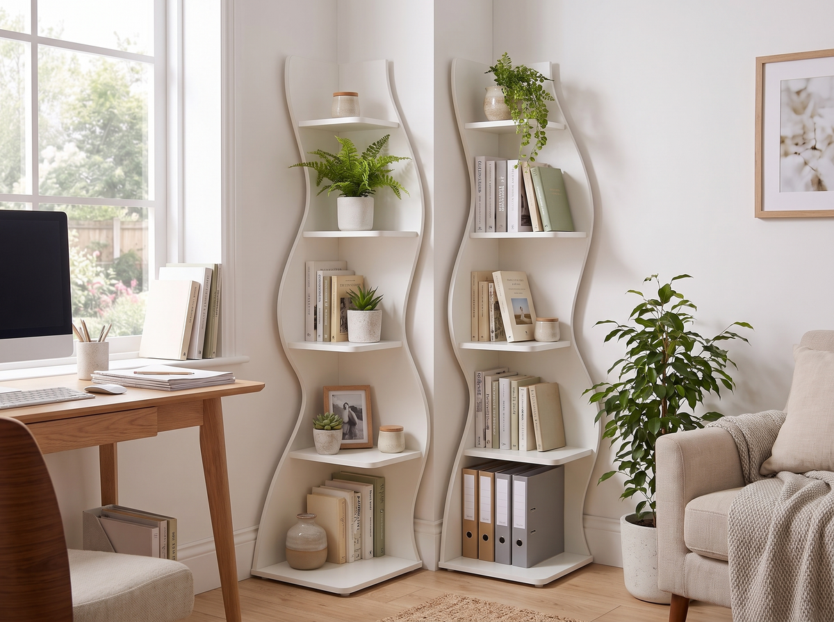 White five tier corner shelf assembled and loaded with books