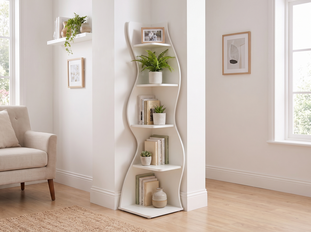 White Scandinavian corner bookshelf in a calm minimalist room