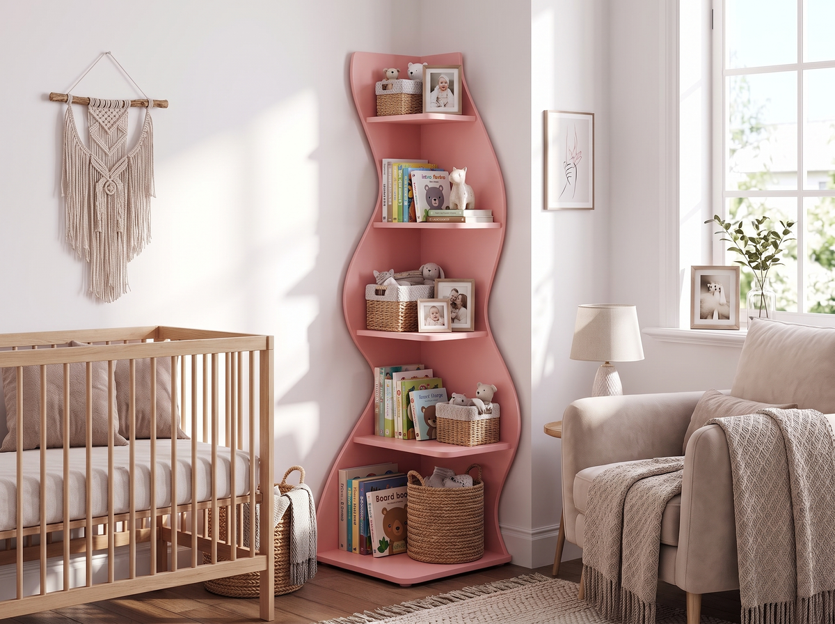 Open pink nursery shelving with board books and baskets in view