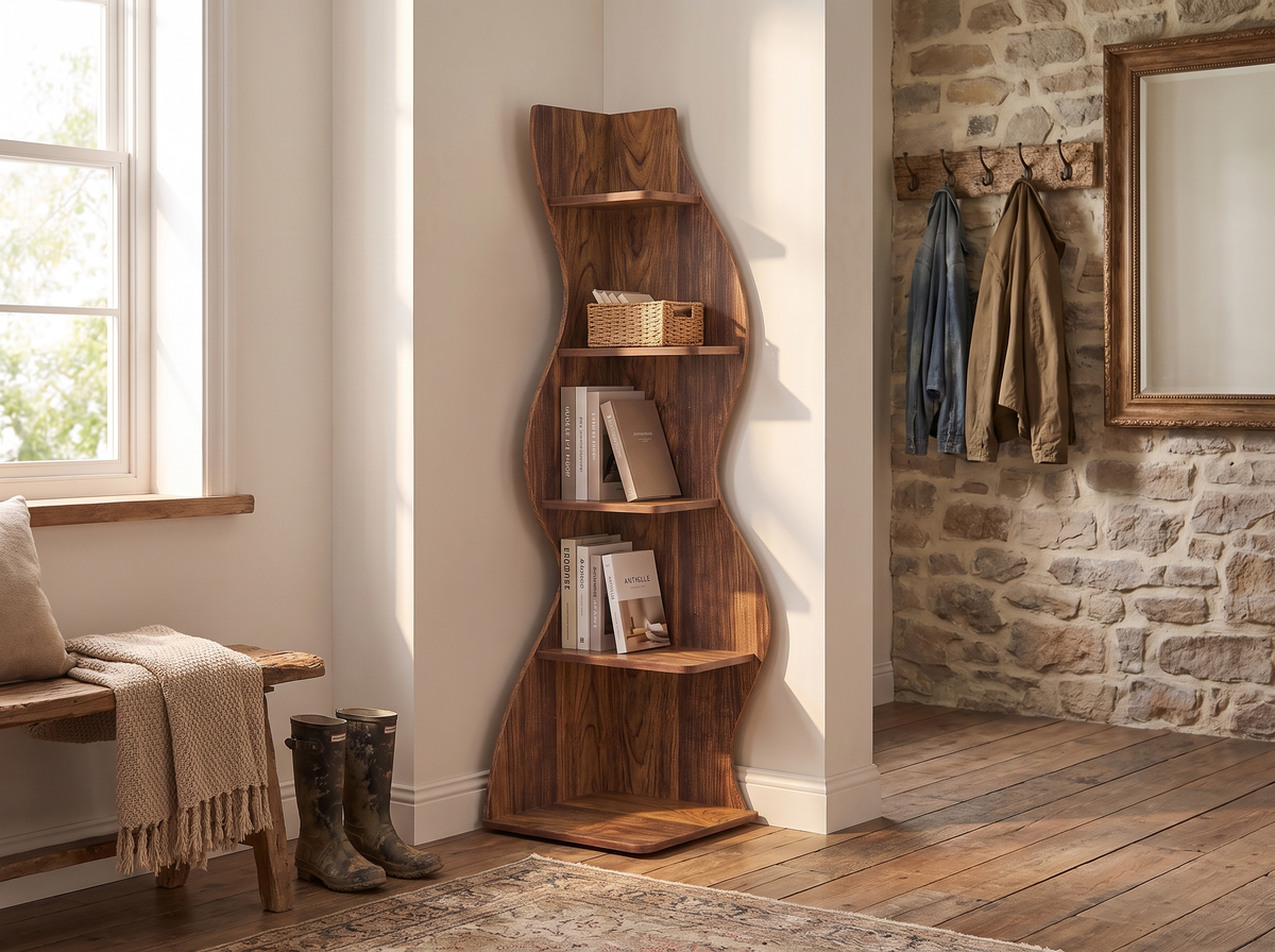 Assembled rustic five tier corner bookshelf set into an entryway corner