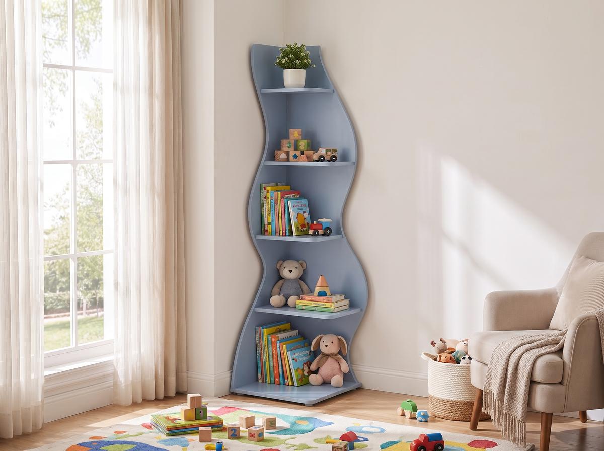 Blue corner shelf with five open tiers holding books and toys