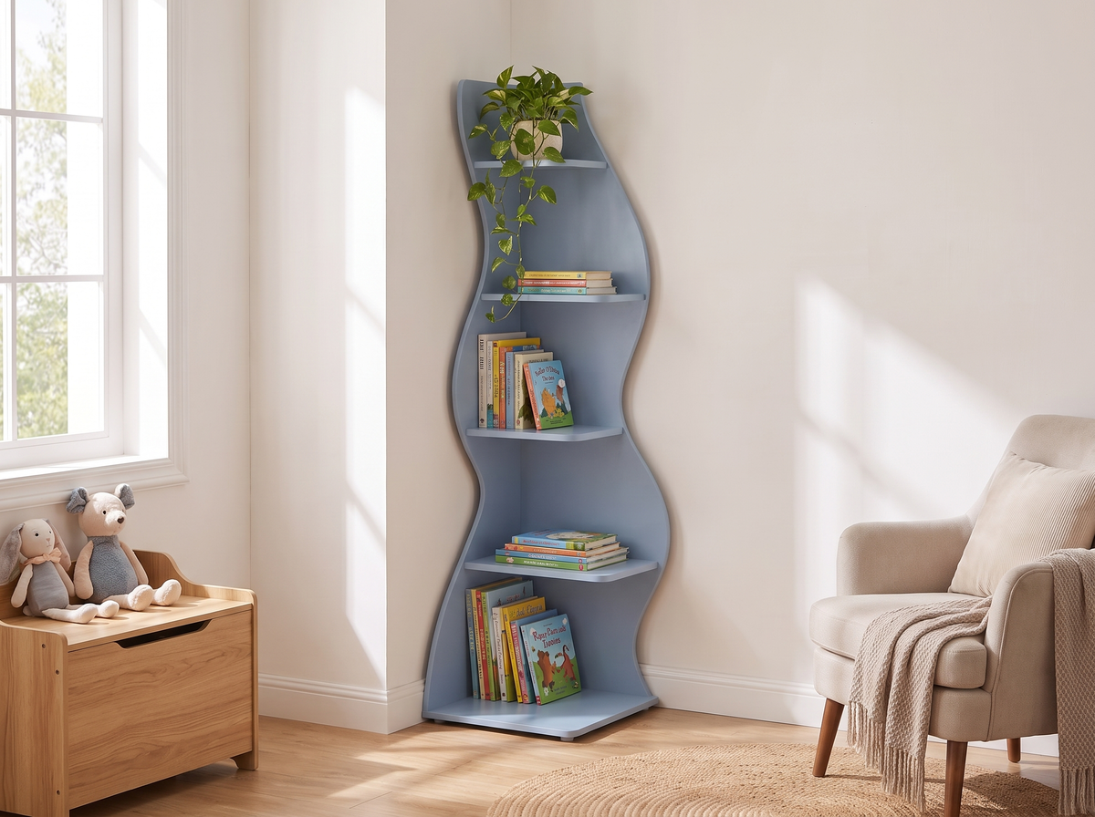 Assembled blue wave corner shelf standing level in a kids bedroom