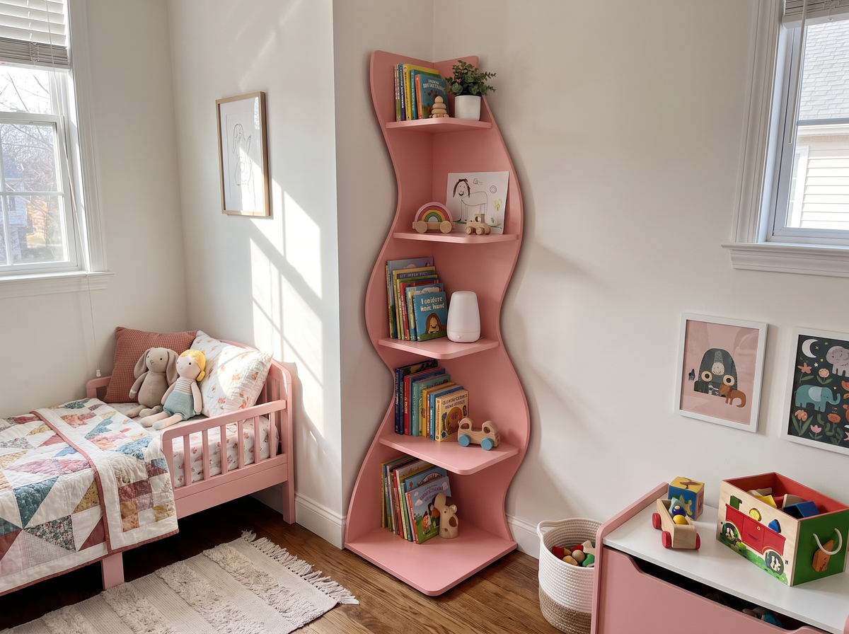 Pink corner bookshelf styled in a toddler bedroom