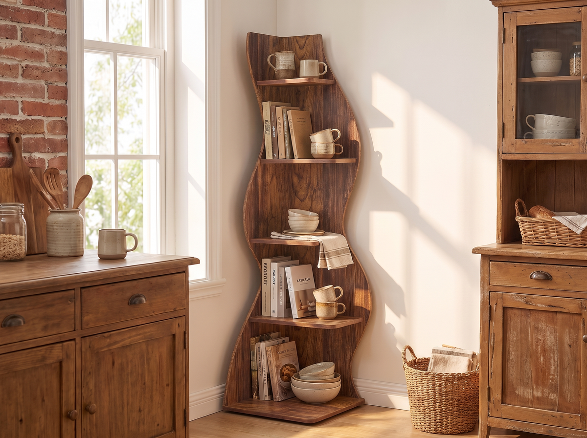 Rustic corner shelf styled with cookbooks and pottery in a farmhouse kitchen