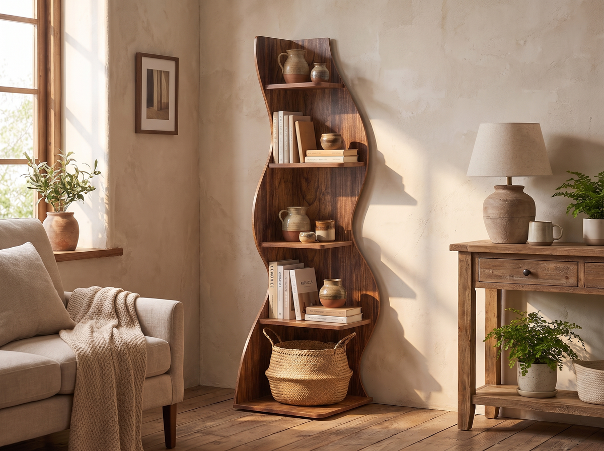 Rustic brown corner shelf warming a bare farmhouse living room corner