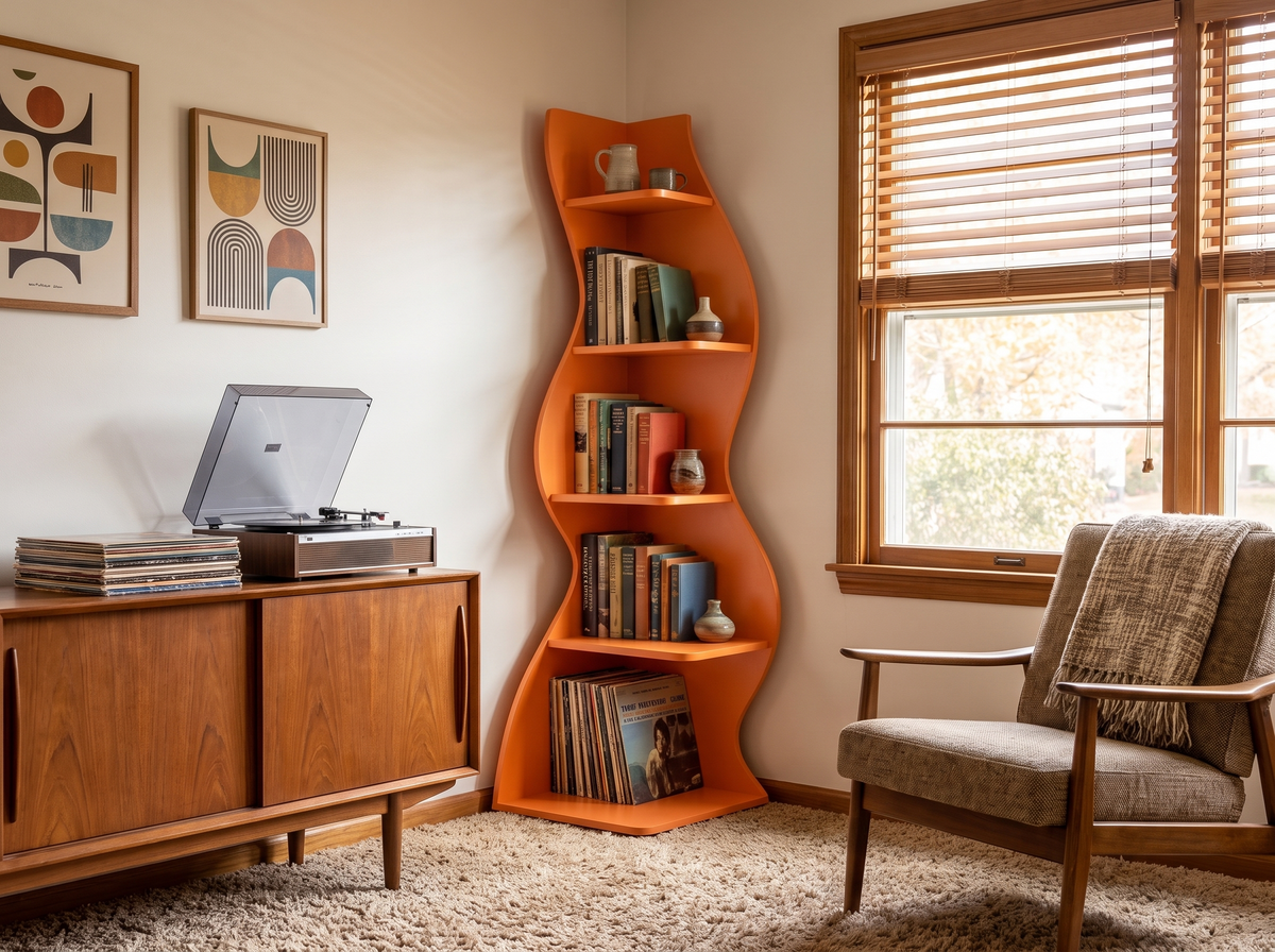 Sturdy orange five tier shelf in a retro styled den corner