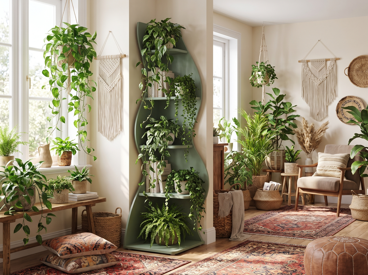 Green boho bookshelf in a room full of trailing foliage
