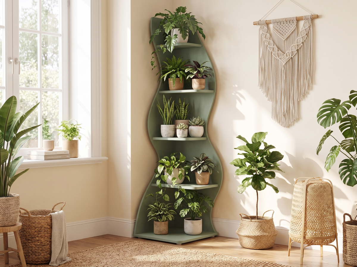 Green corner plant shelf holding a houseplant on every tier