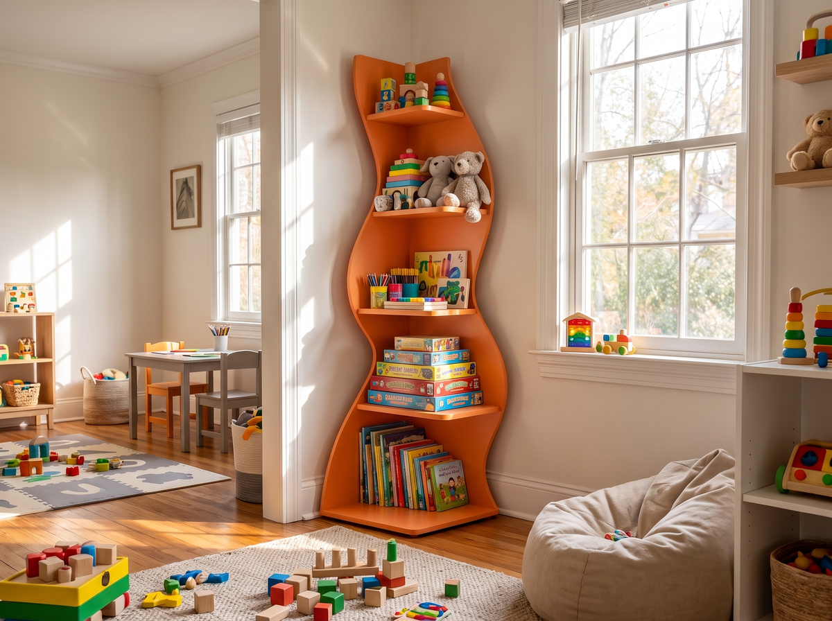 Orange retro corner shelf bringing color to a playroom corner