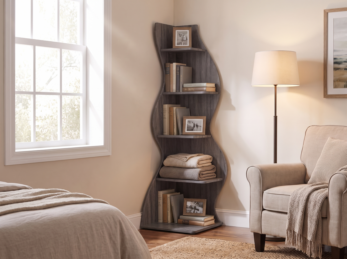 Slim grey corner bookshelf loaded with books in a small bedroom