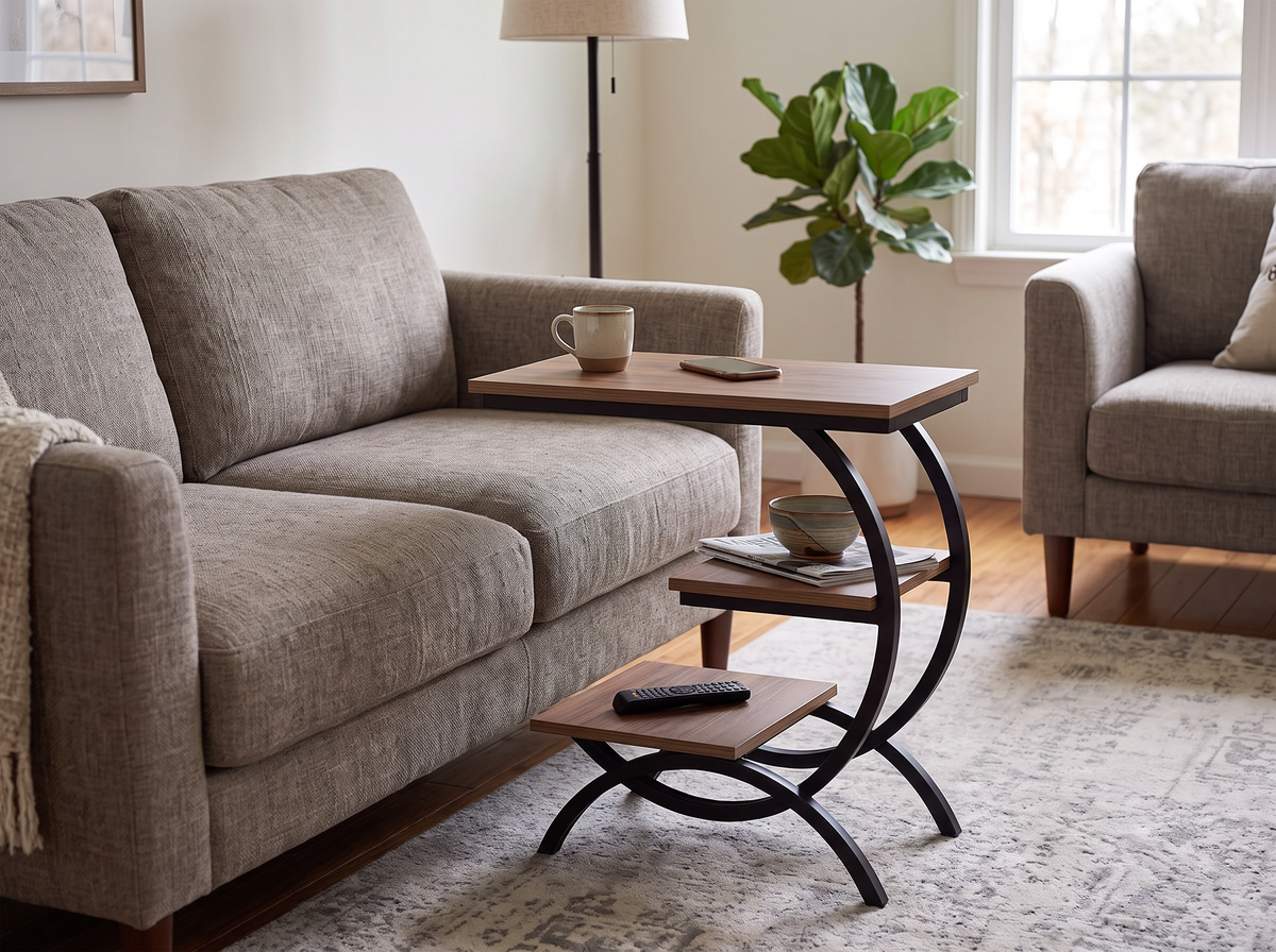 Chocolate C shaped end table pulled in beside a sofa