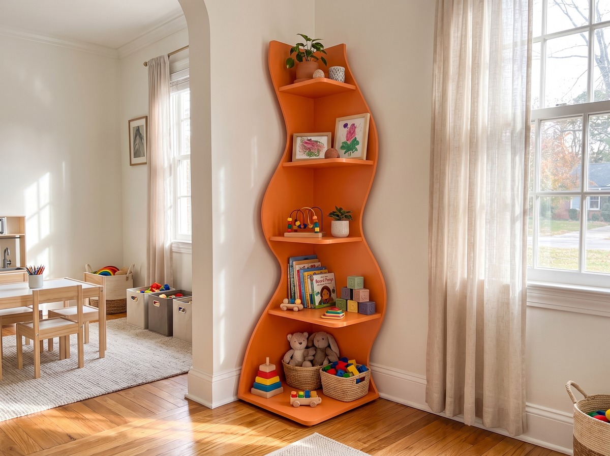 Orange playroom shelf with toys and books visible on open tiers