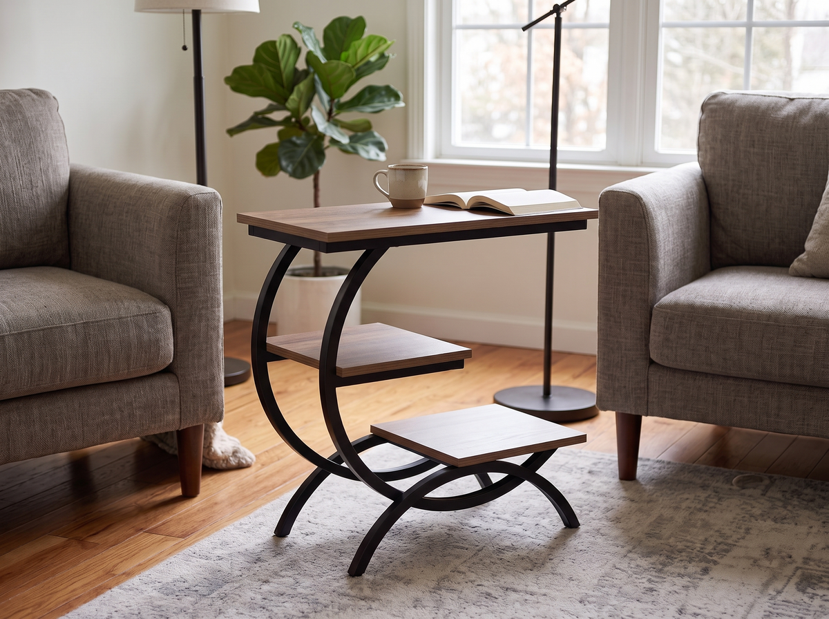 Newly assembled chocolate C shaped end table beside a sofa