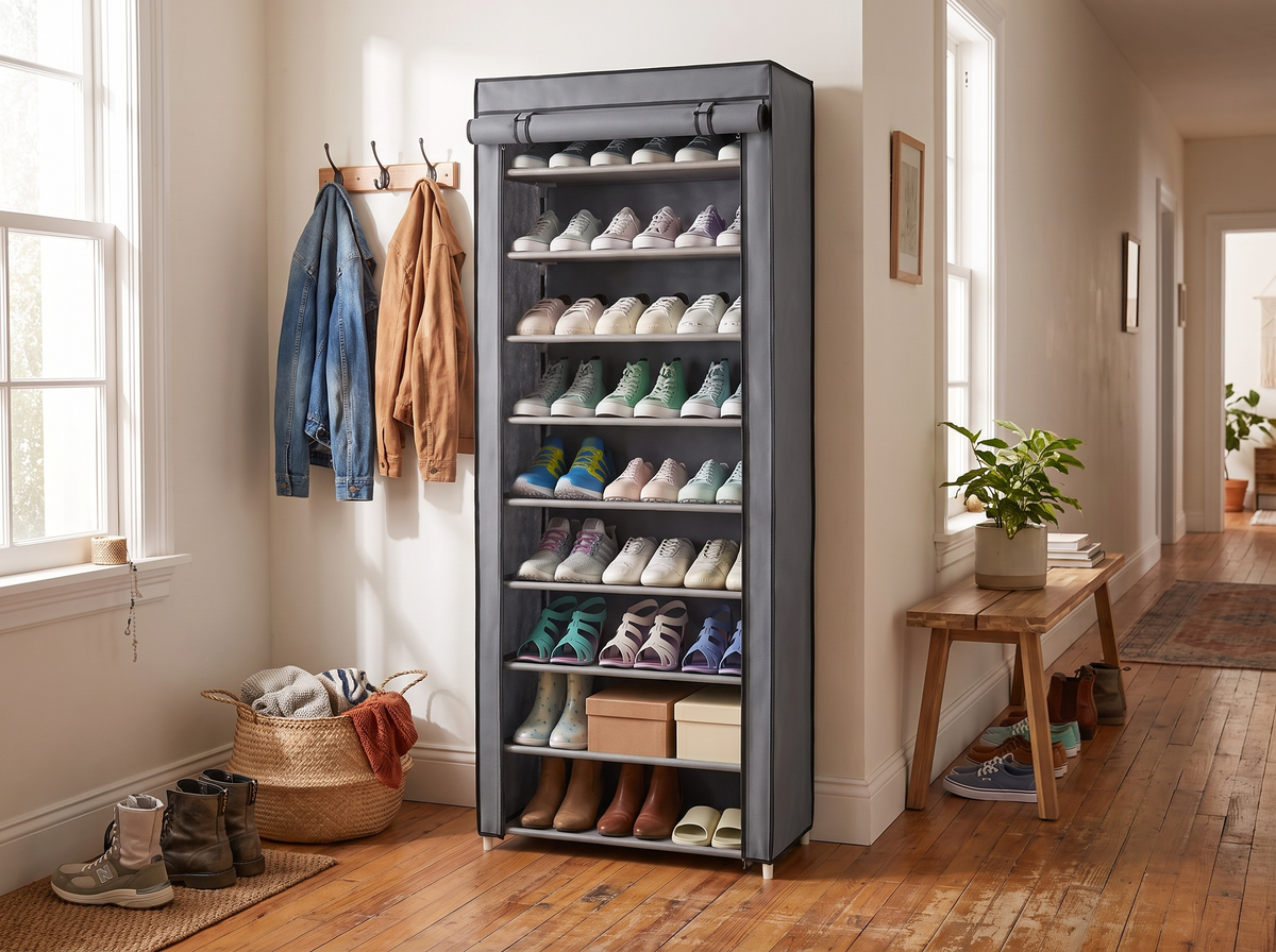 Light fabric shoe rack loaded with shoes on a hallway floor