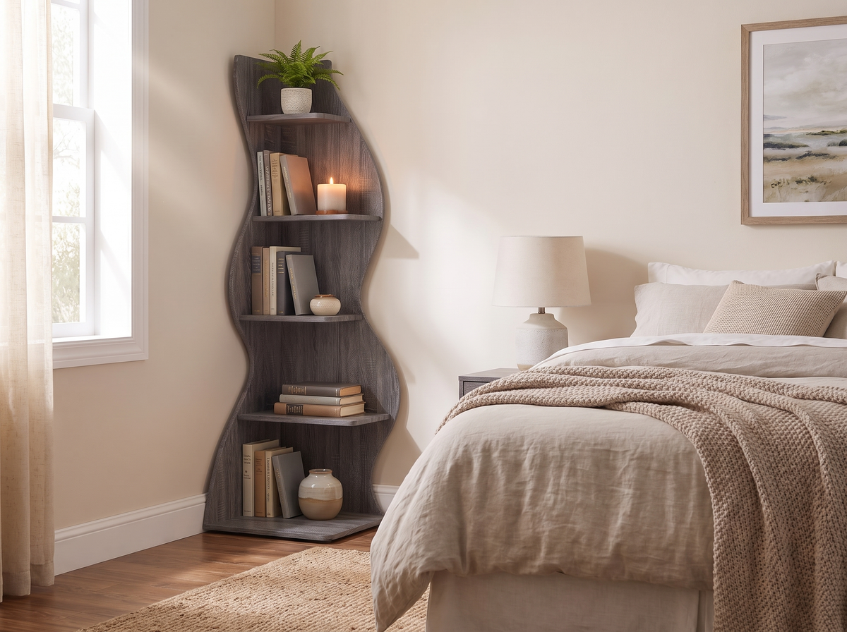 Grey corner shelf standing in the corner beside a bed