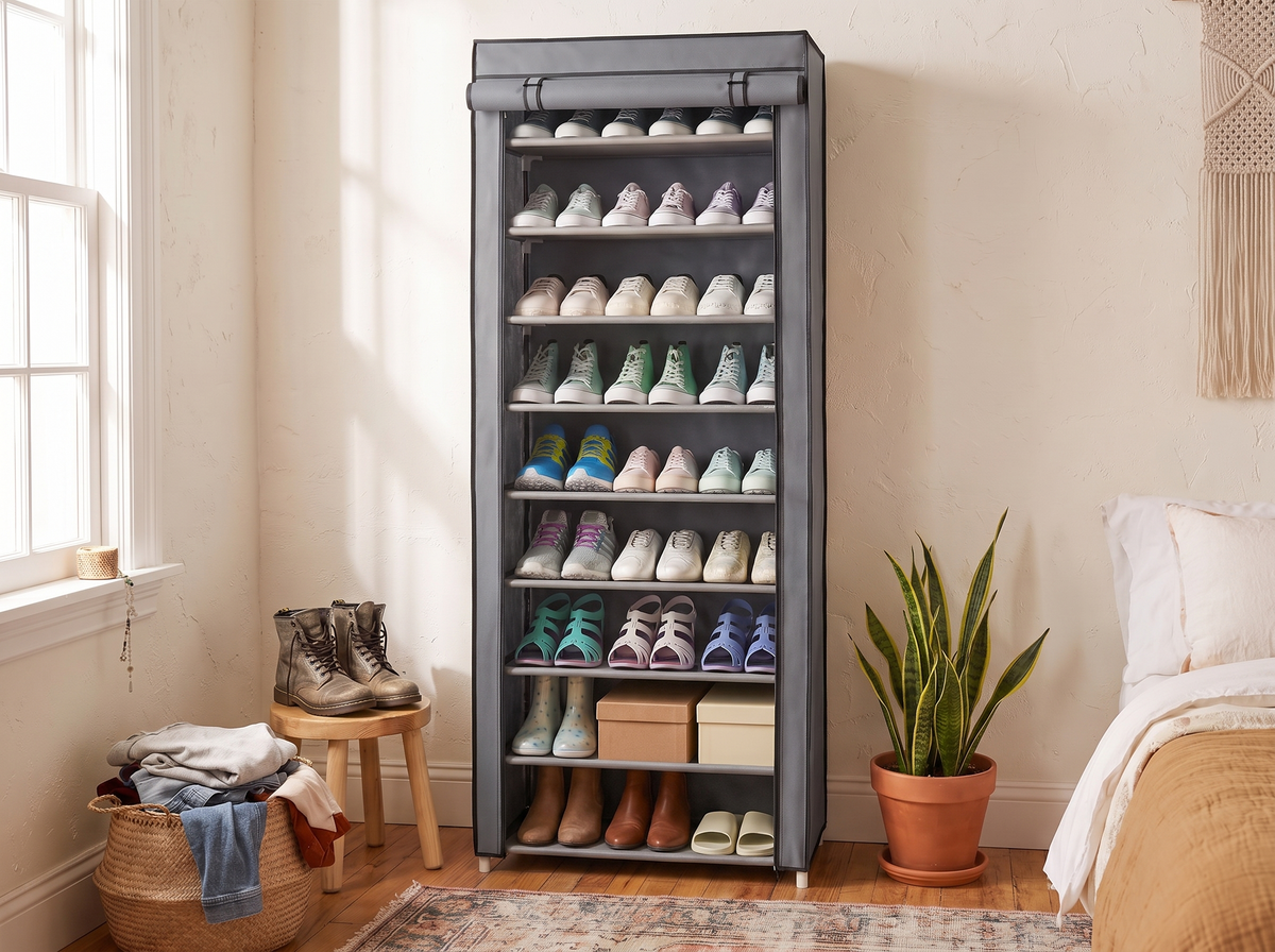 Fabric shoe rack sitting flat against an entryway wall