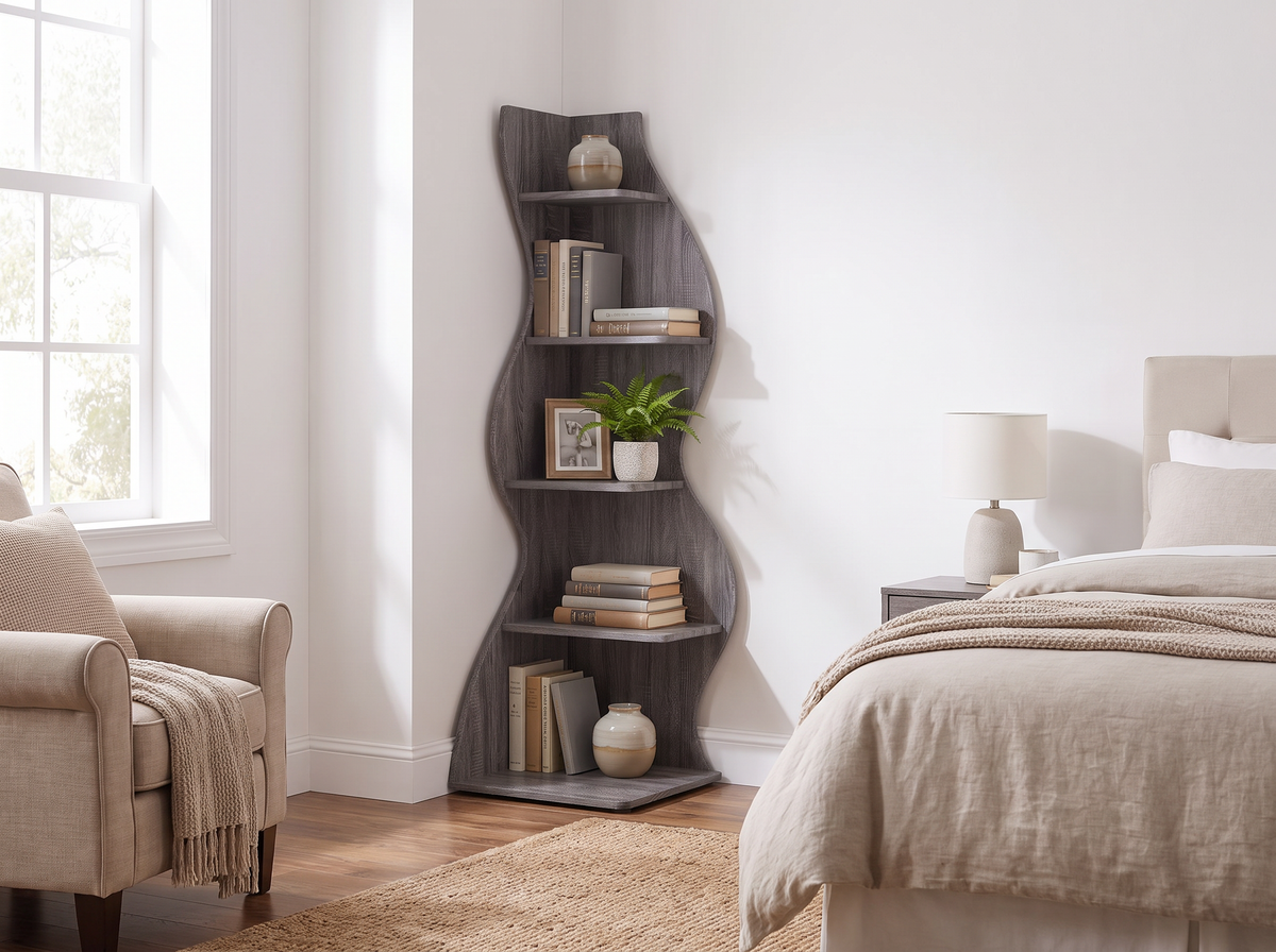 Neutral grey five tier bookshelf in a modern bedroom
