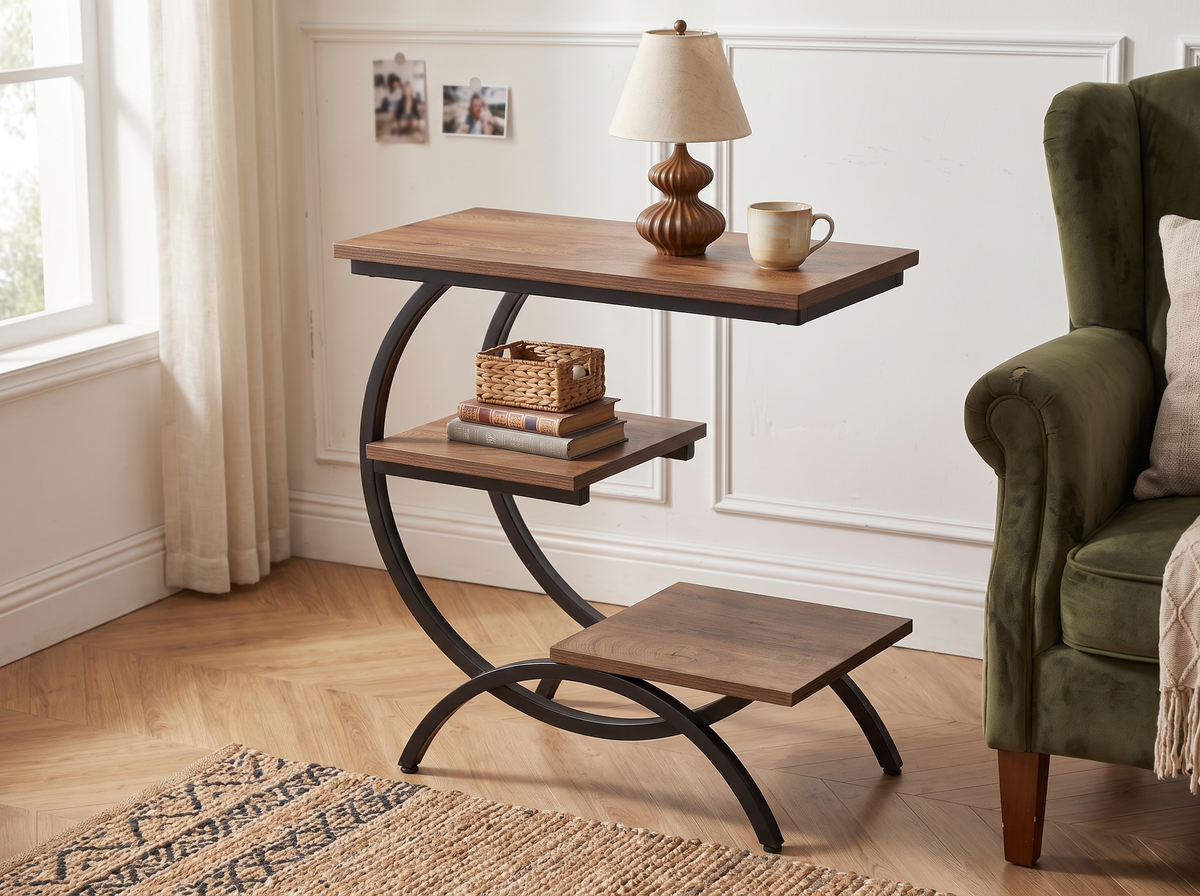 Light brown C shaped end table standing level on a hardwood floor
