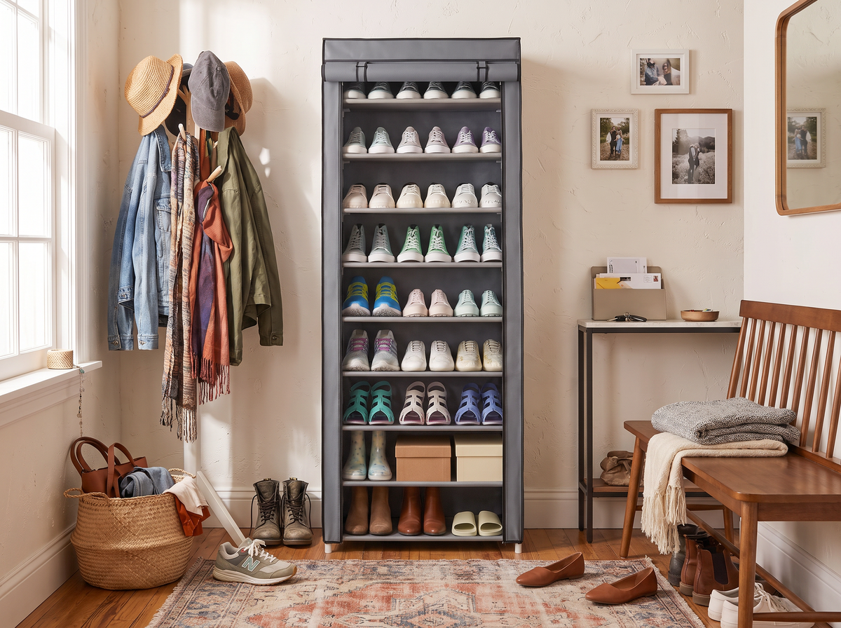 Fabric shoe rack with a pair of shoes on every tier in an entryway