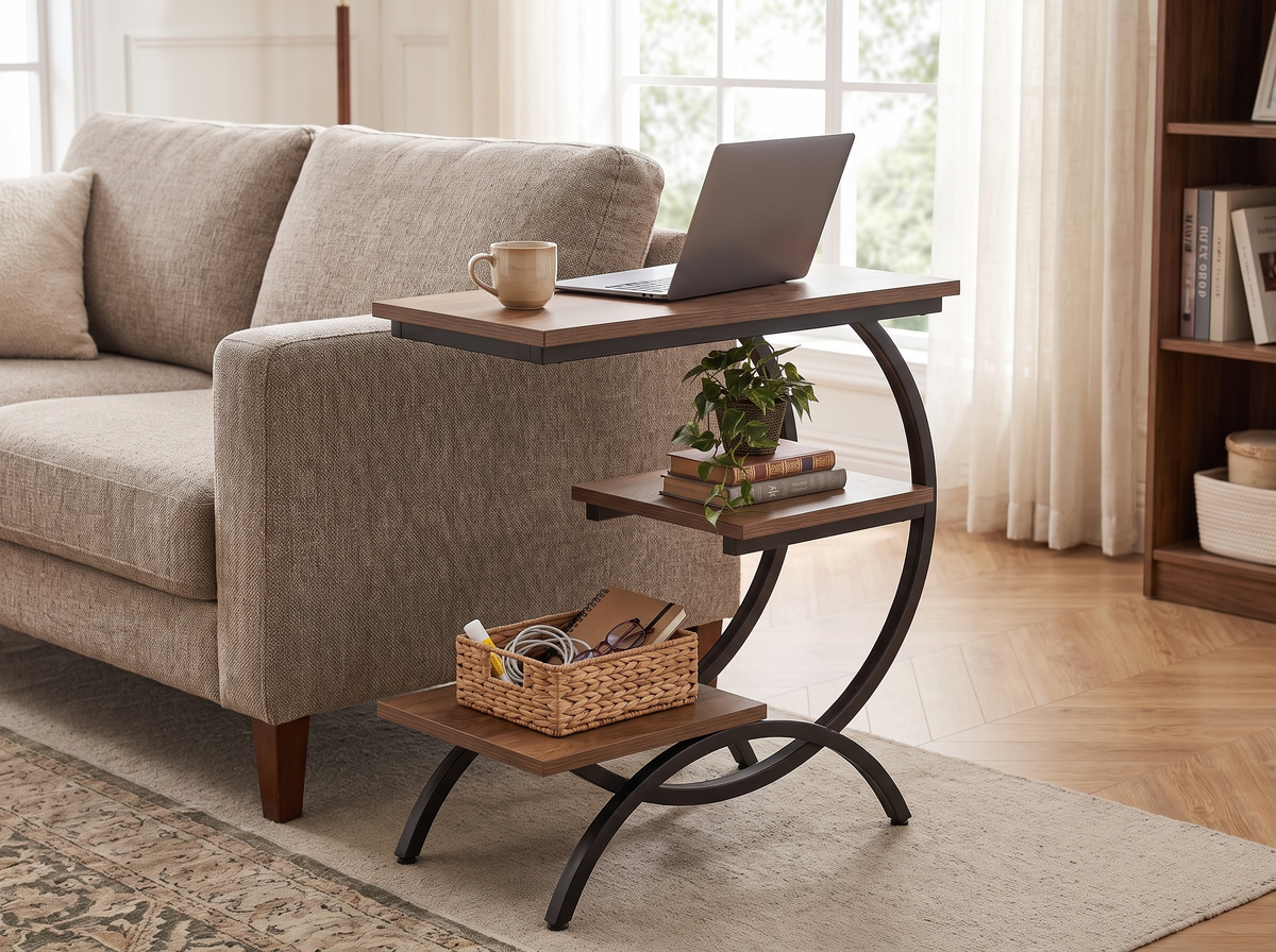 Light brown three tier side table holding a laptop, books and a basket