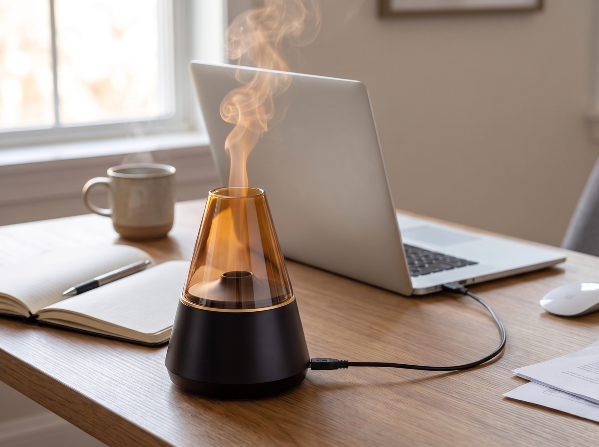 Mini USB diffuser running on a desk beside a laptop