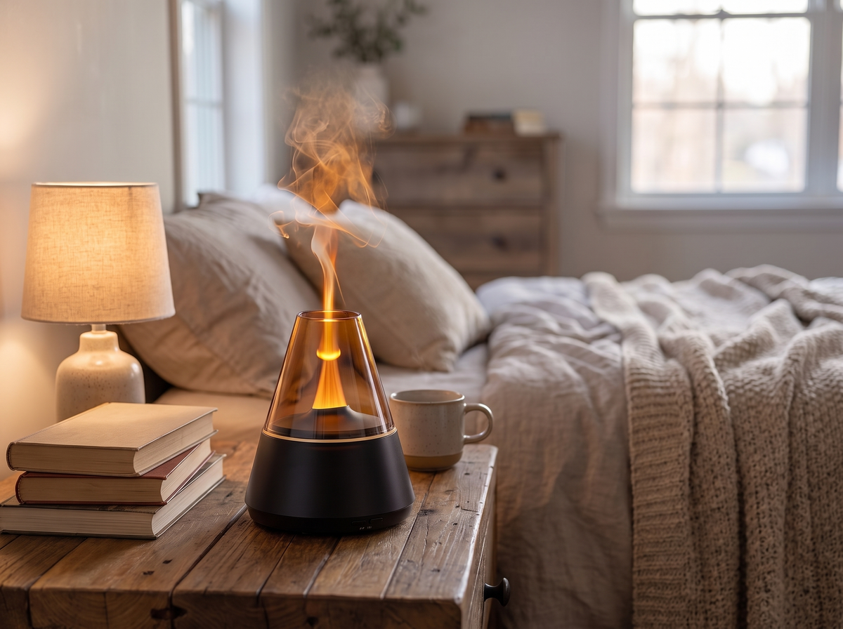 Mini USB essential oil diffuser releasing mist on a bedside table