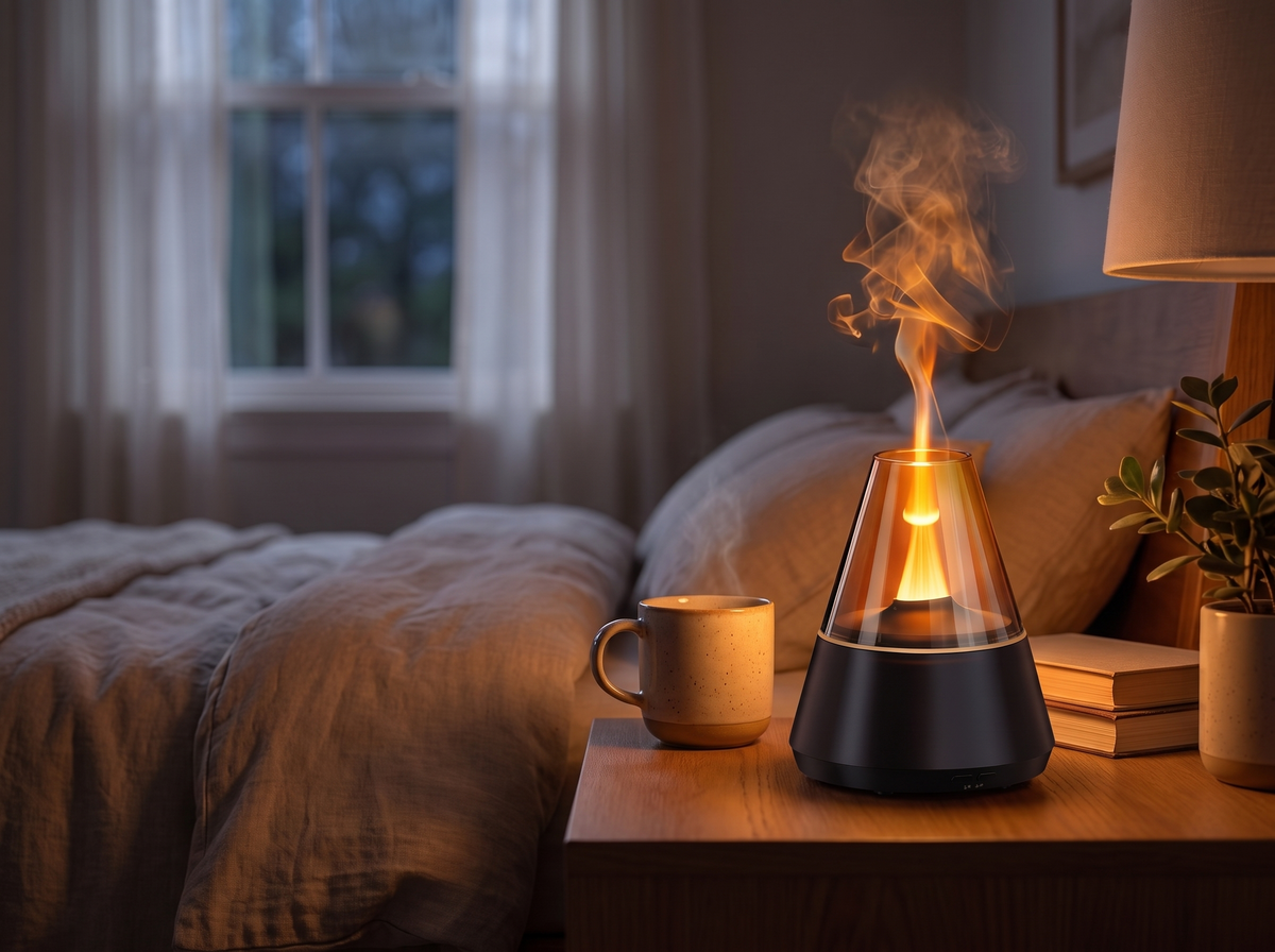 Mini diffuser glowing as a soft night light in a dim bedroom