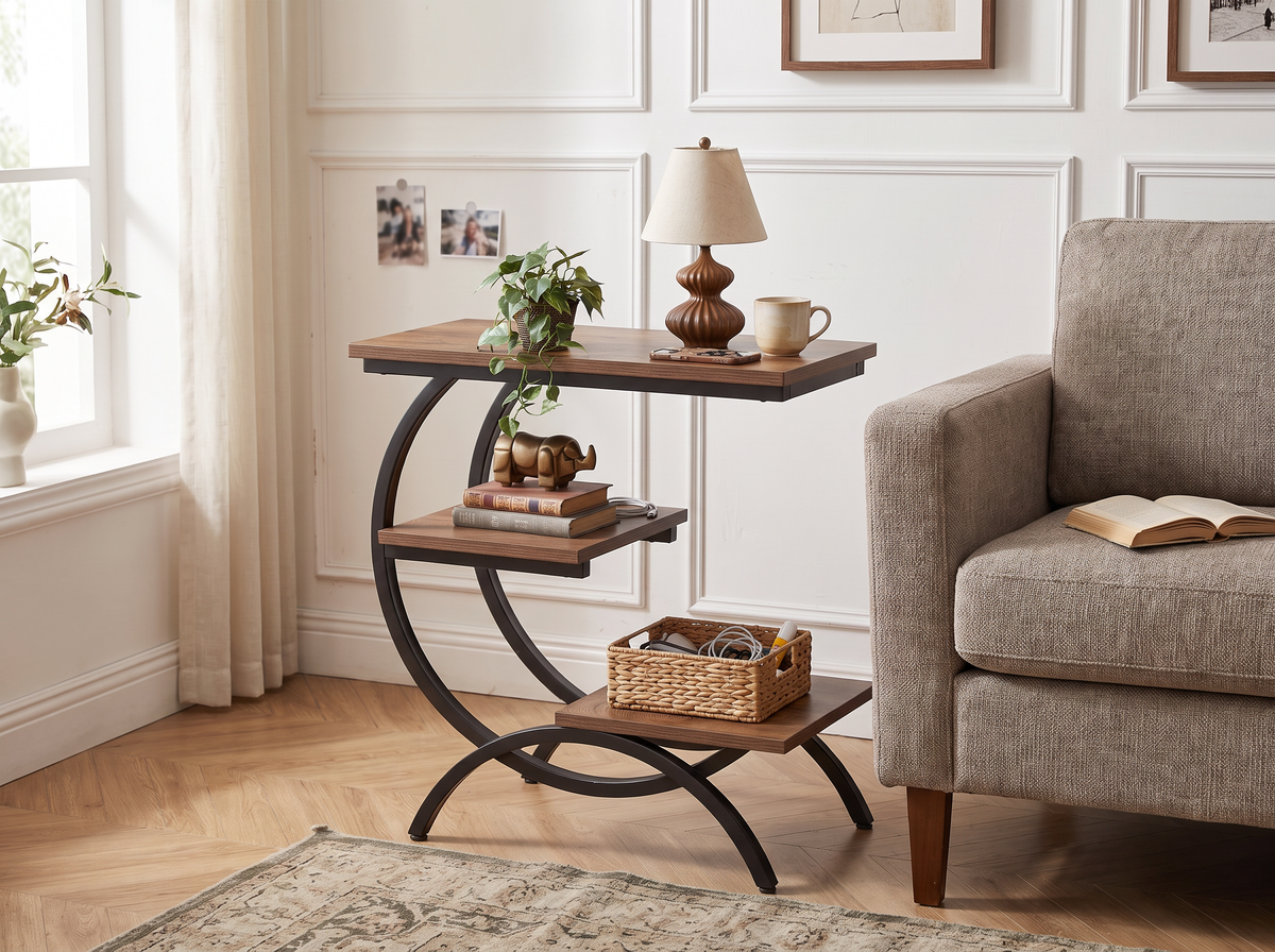 Light brown C shaped end table beside a sofa in a small apartment living room