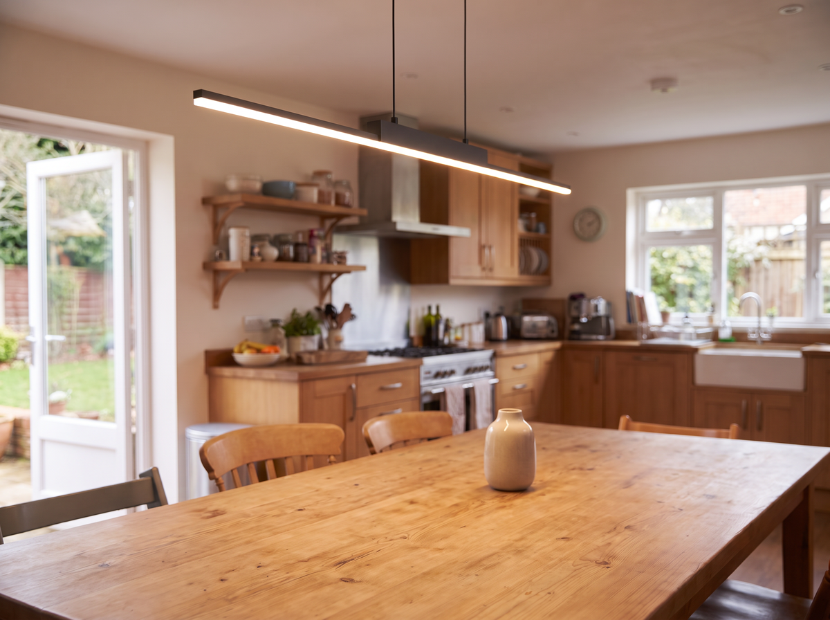 Long linear LED pendant light hanging low over a dining table