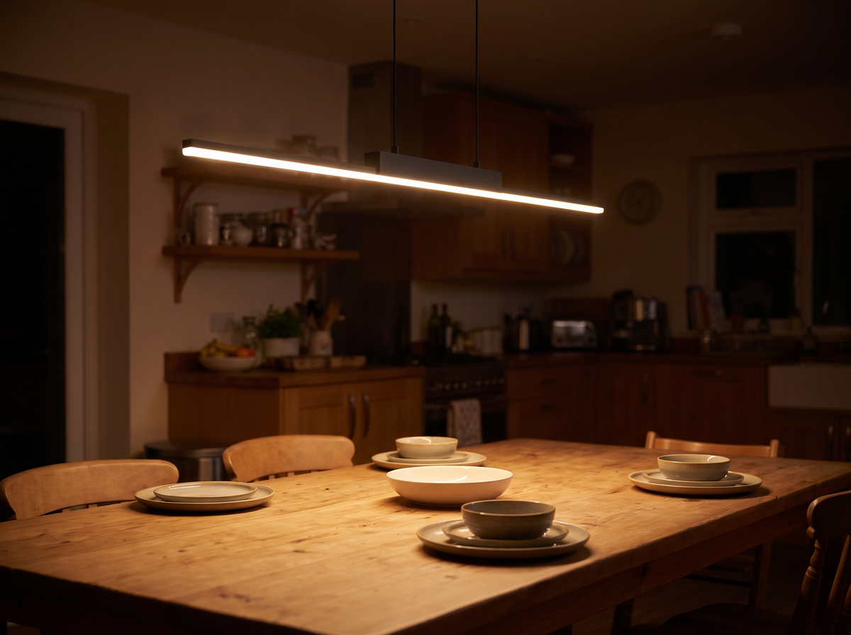Linear pendant light glowing warm over an evening dining table