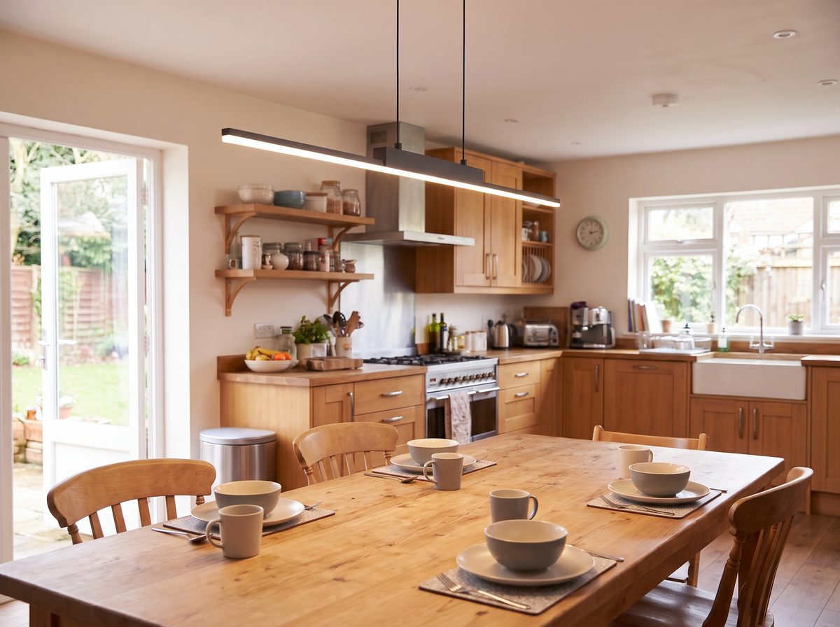 Linear LED chandelier hung at the right height over a family dining table