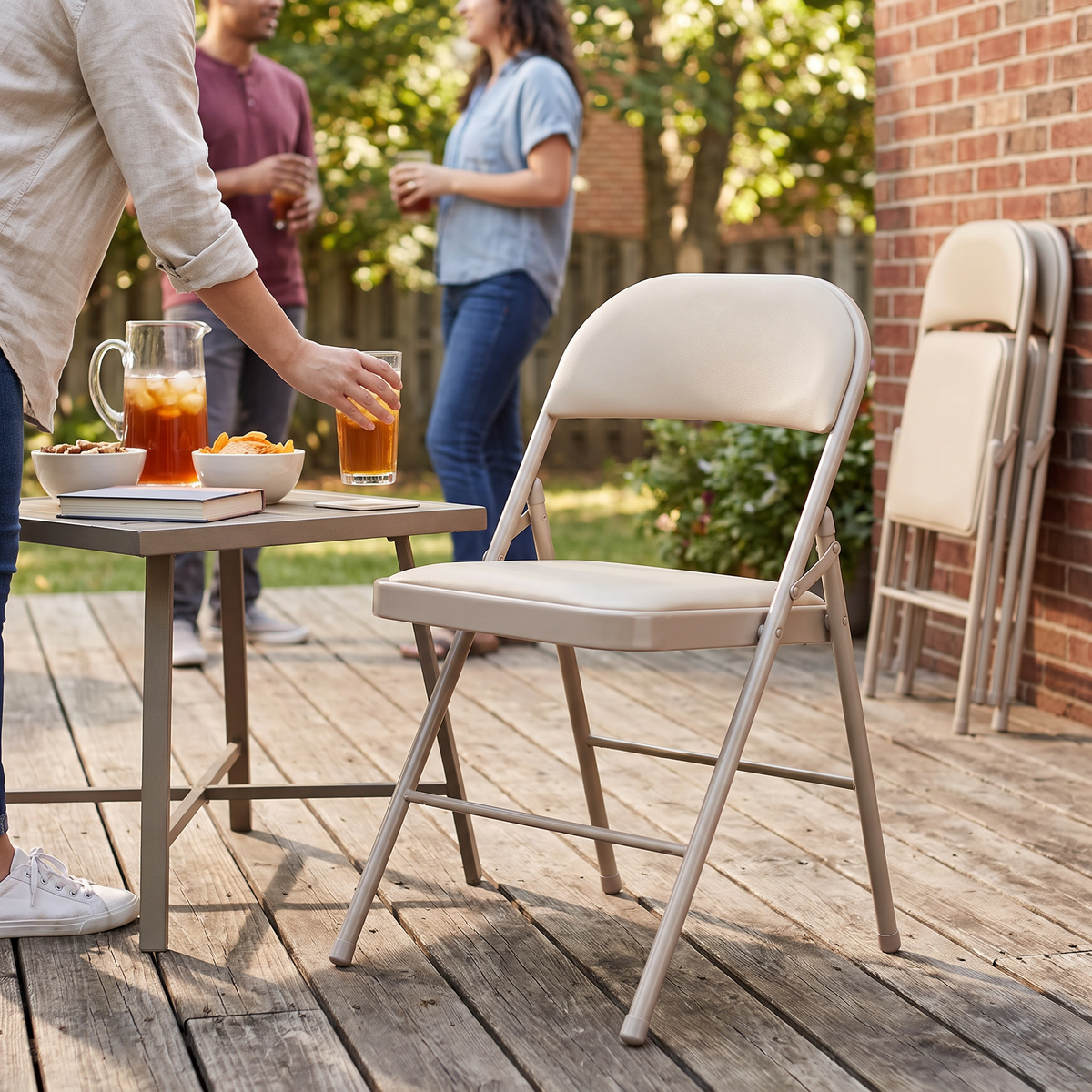 Faux leather padded folding dining chair in rice white, in use